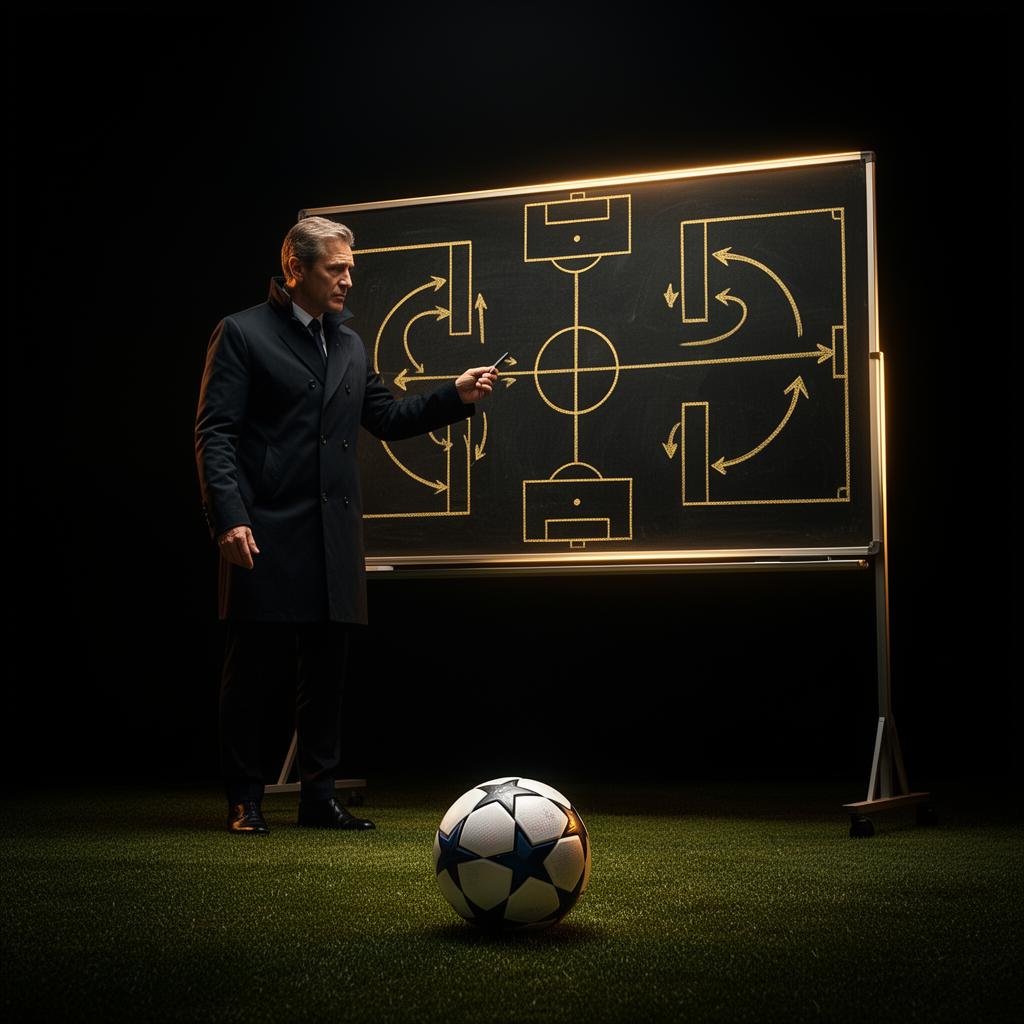 Entrenador analizando jugadas tácticas en pizarra dorada